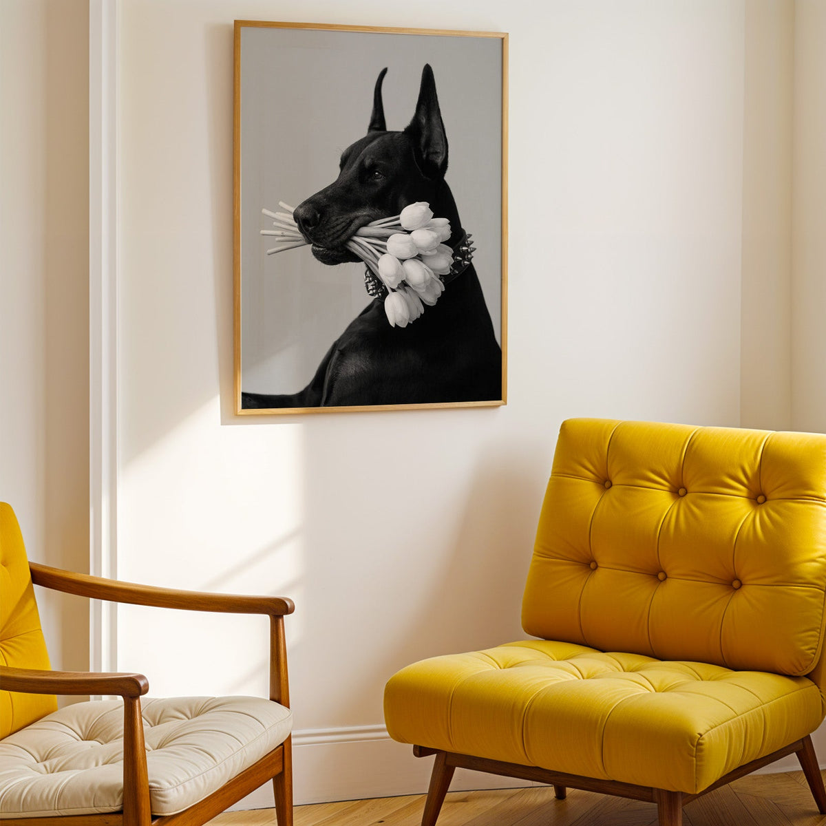 Black Doberman holding white tulips print shown in a gold frame above a mustard yellow tufted armchair