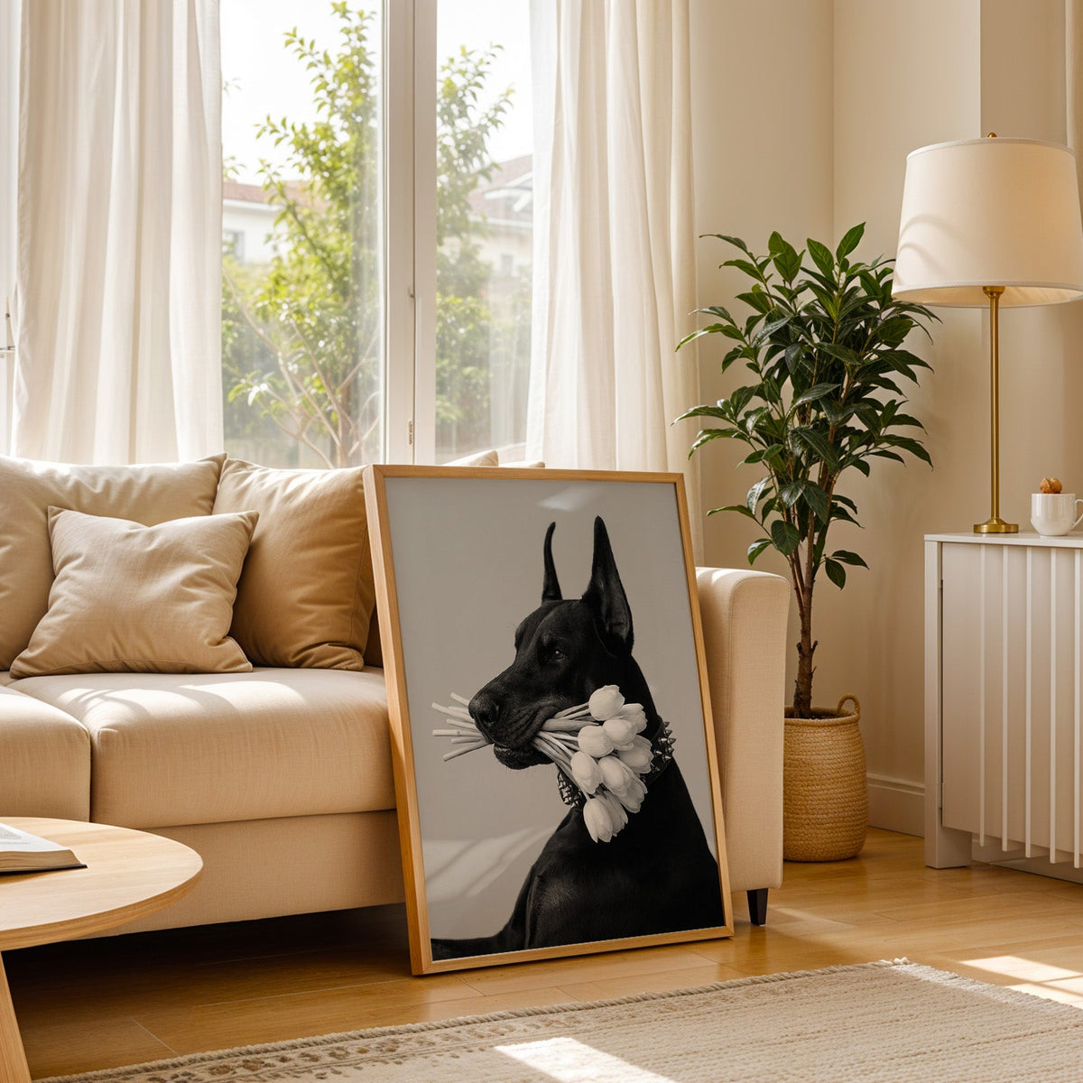 Black Doberman holding white tulips print in a light oak frame leaning on a cream sofa beside a floor lamp
