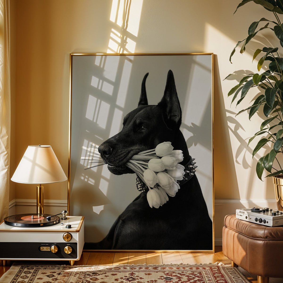 Black Doberman holding white tulips print shown in a gold frame beside a record player and table lamp