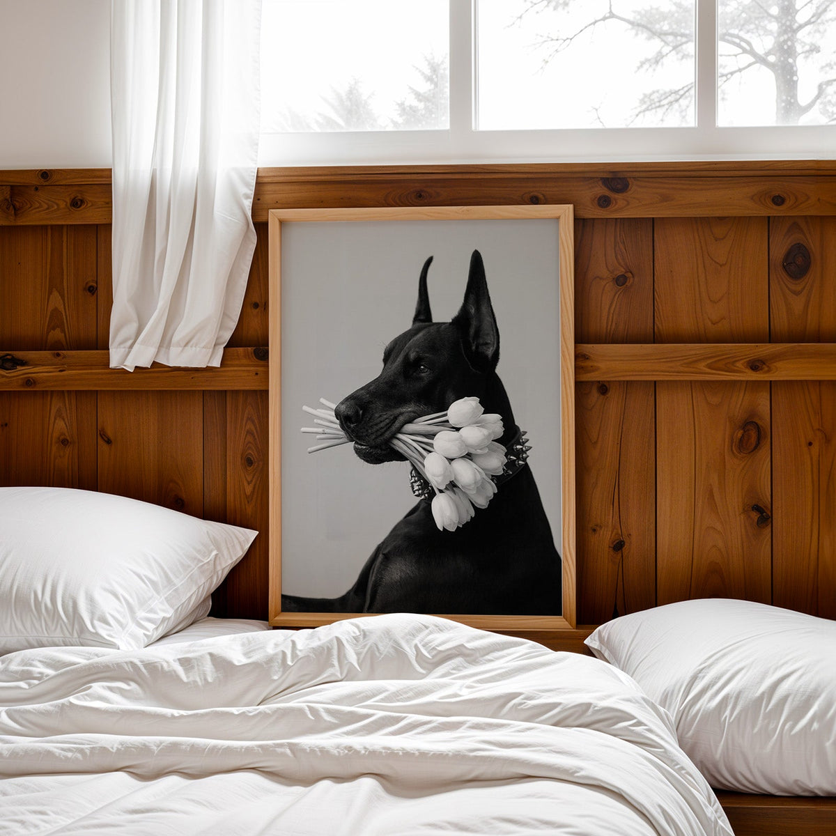 Black Doberman holding white tulips print in a pine frame leaning on a wood headboard over white bedding