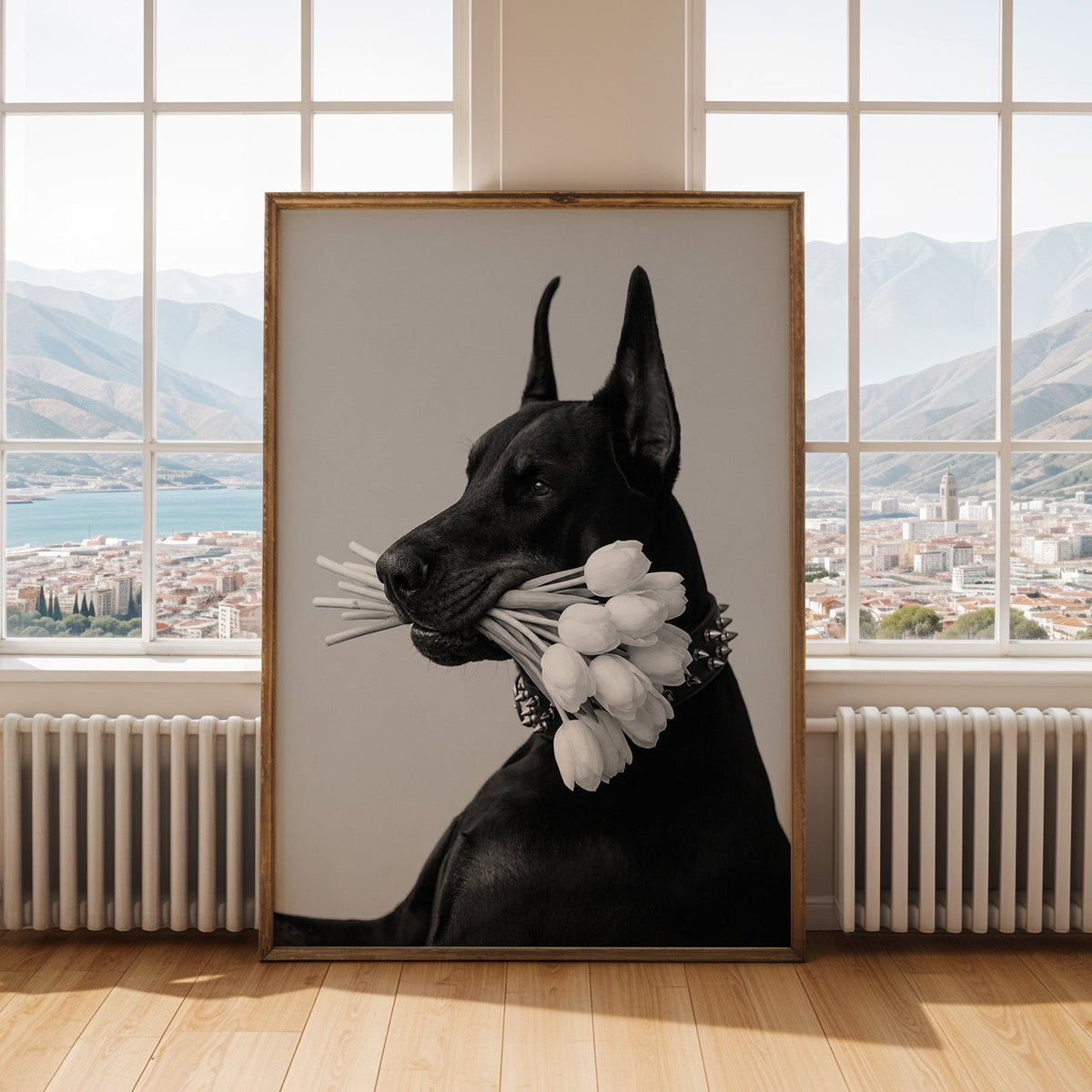 Black Doberman holding white tulips print shown in an antique gold frame by tall windows with a sea view