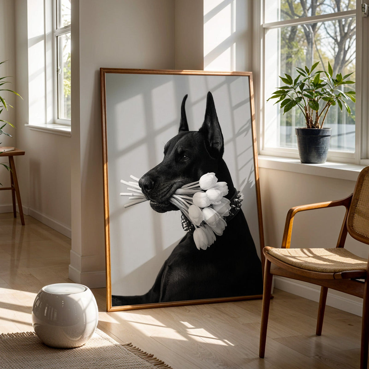 Black Doberman holding white tulips print in a walnut frame on a wood floor beside a cane chair and sunny window
