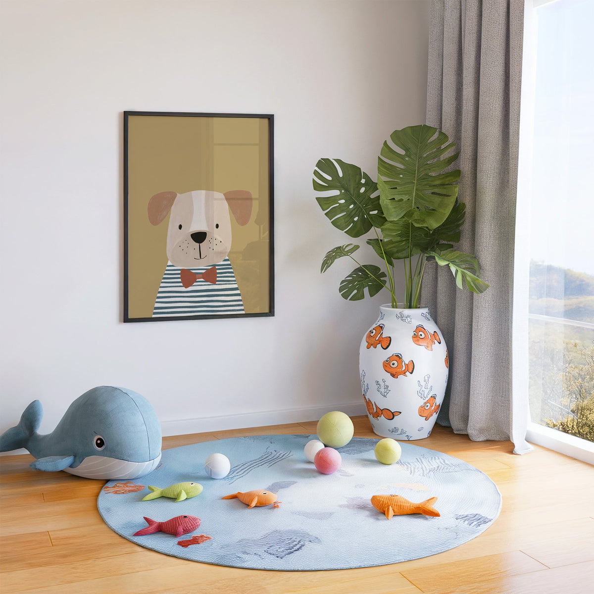 Dog in bow tie portrait nursery print in a black frame in a playroom with an ocean rug and whale plush