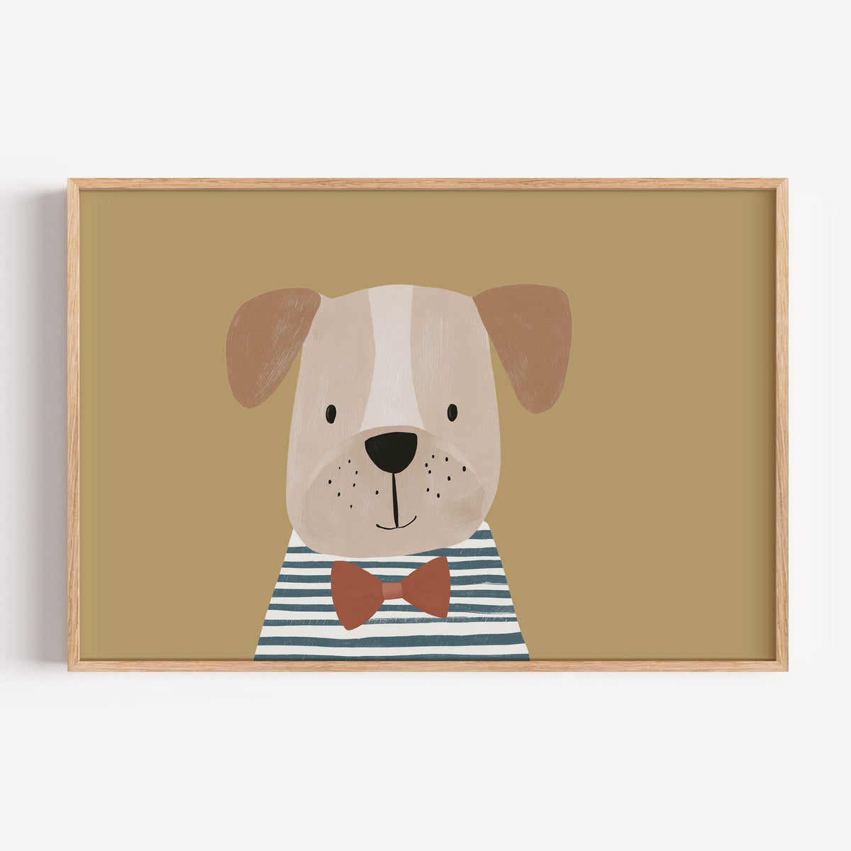 Landscape dog in bow tie portrait nursery print in a light oak frame on a plain white wall