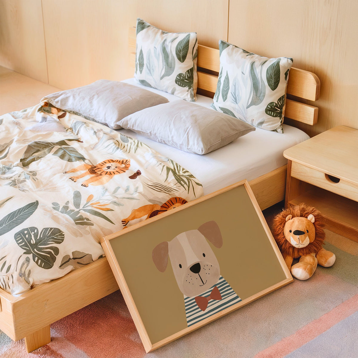 Landscape dog in bow tie portrait nursery print in an oak frame leaning on a kids bed by a lion plush