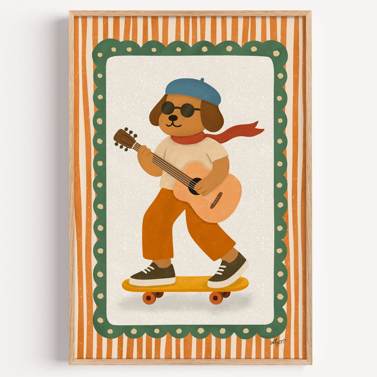 Brown dog with guitar on skateboard nursery print in a light oak frame on a plain white wall