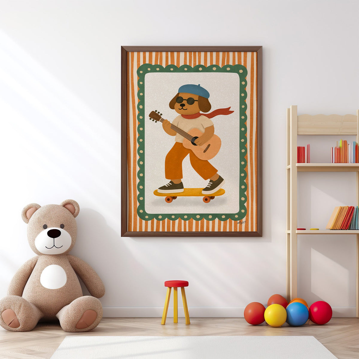 Brown dog with guitar on skateboard nursery print in a walnut frame above a big teddy bear by a bookshelf
