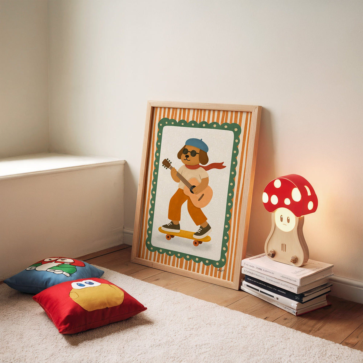 Brown dog with guitar on skateboard nursery print in an oak frame leaning on a rug beside a mushroom lamp and floor cushions