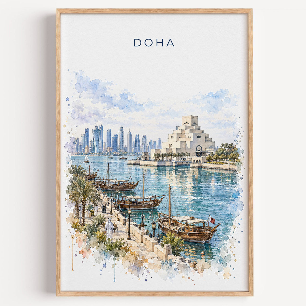 Doha watercolor print in a light oak frame on a plain white wall