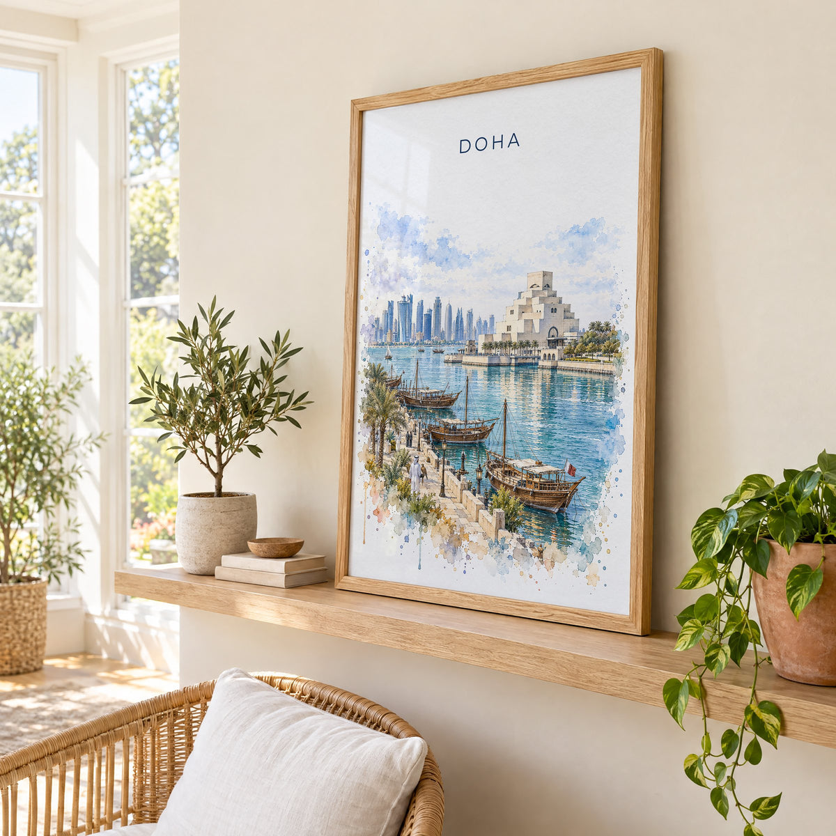 Doha watercolor print in an oak frame on a picture ledge in a sunlit sunroom