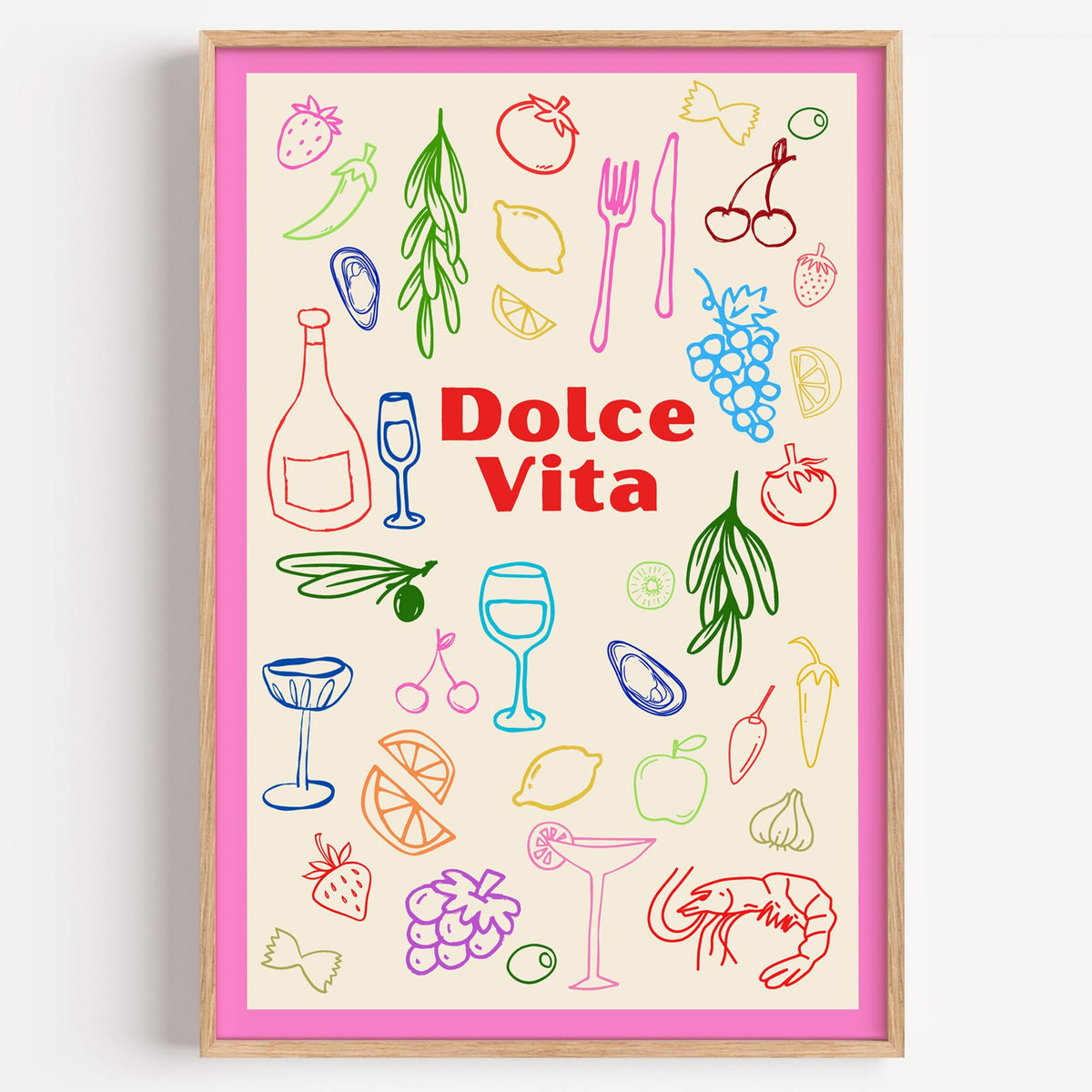 Dolce Vita colorful food doodle print in a light oak frame on a plain white wall
