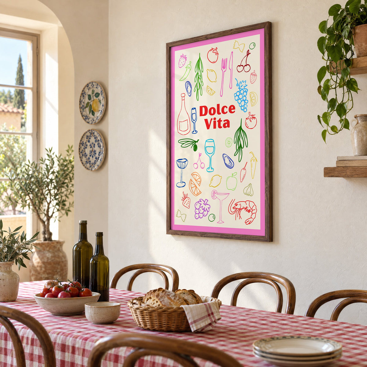 Dolce Vita colorful food doodle print in a walnut frame above a gingham-covered trattoria table, seen at an angle