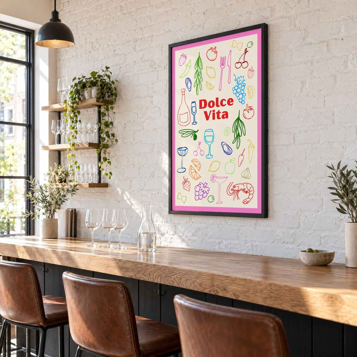 Dolce Vita colorful food doodle print in a black frame on a white brick wall above a wine bar counter