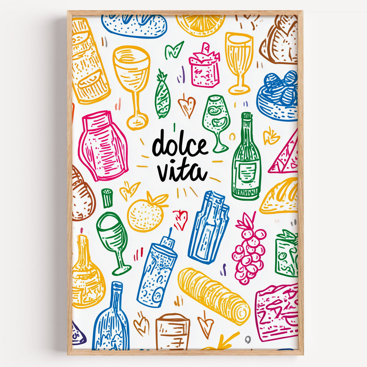 Dolce Vita food doodle pattern print in a light oak frame on a plain white wall