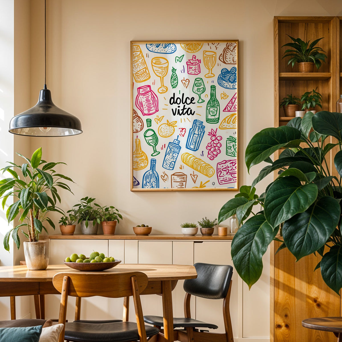 Dolce Vita doodle print in an oak frame in a dining room above a plant-lined sideboard