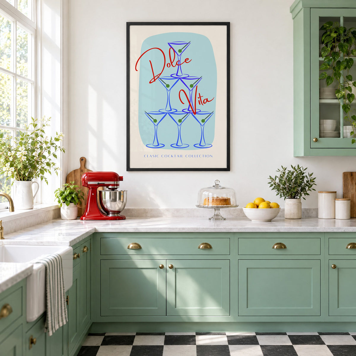 Dolce Vita martini tower print in a black frame in a mint green retro kitchen above a red stand mixer