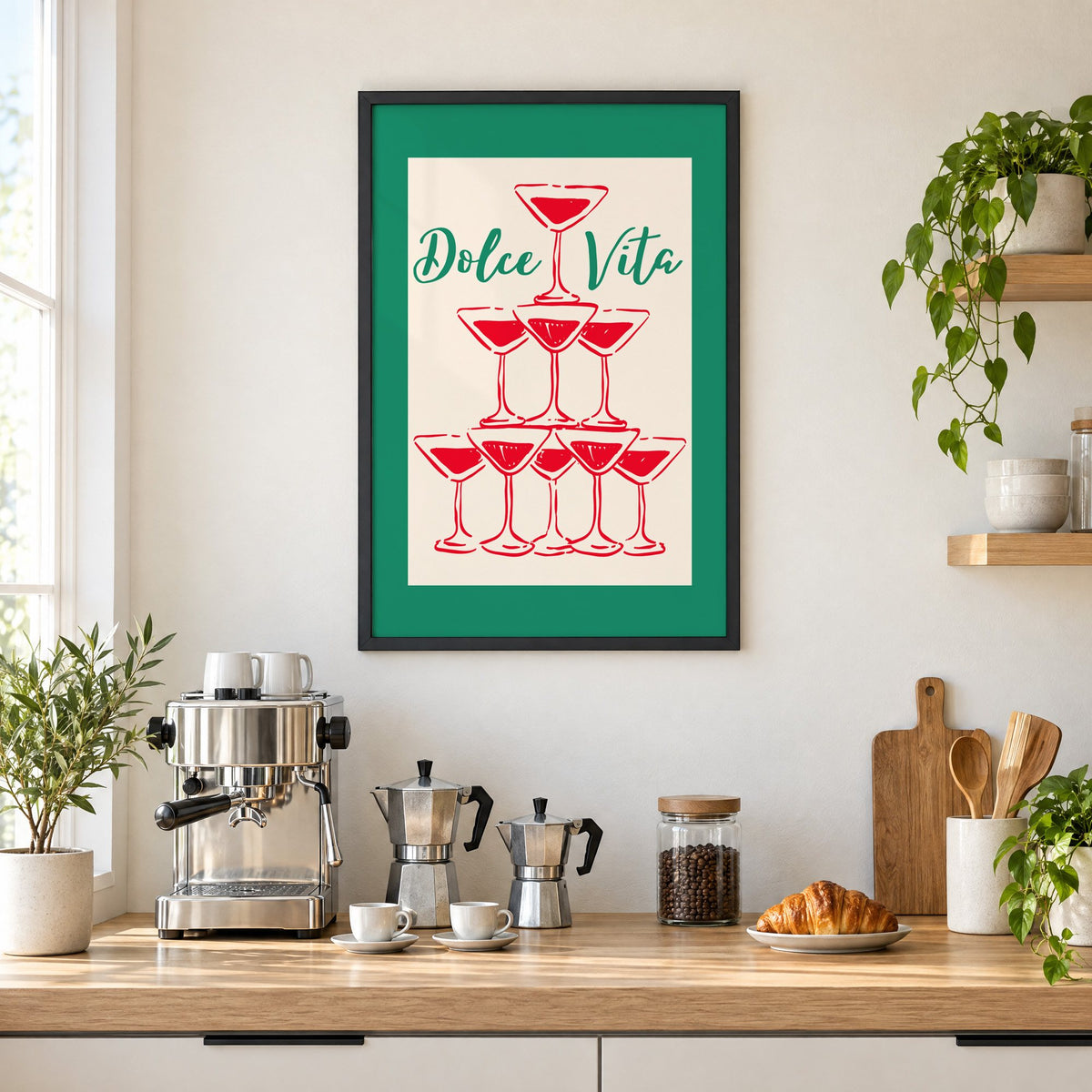 Dolce Vita red martini tower print in a black frame above a home espresso bar with moka pots and espresso cups