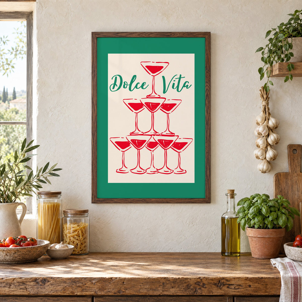 Dolce Vita red martini tower print in a walnut frame above a rustic Italian pantry counter with pasta jars, garlic and tomatoes