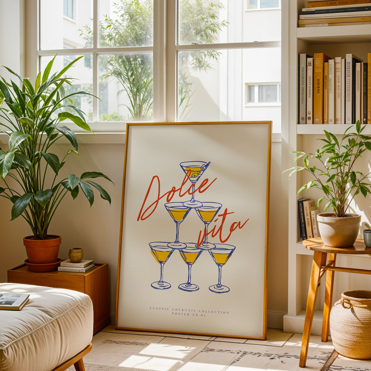 Martini tower poster in a slim brass frame resting on a berber rug in a plant-filled living room