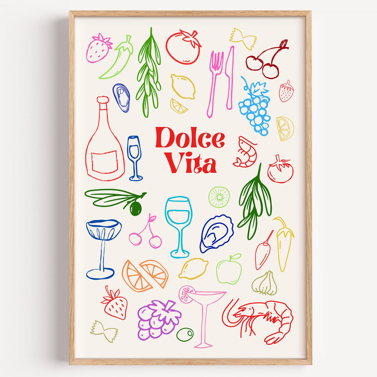 Dolce Vita rainbow doodle print in a light oak frame on a plain white wall