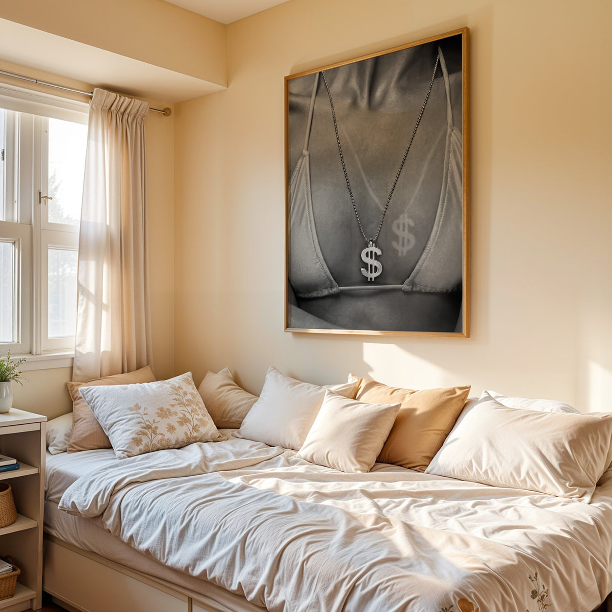 Dollar sign pendant and tan line close-up print in an oak frame above a cream daybed in a sunny bedroom