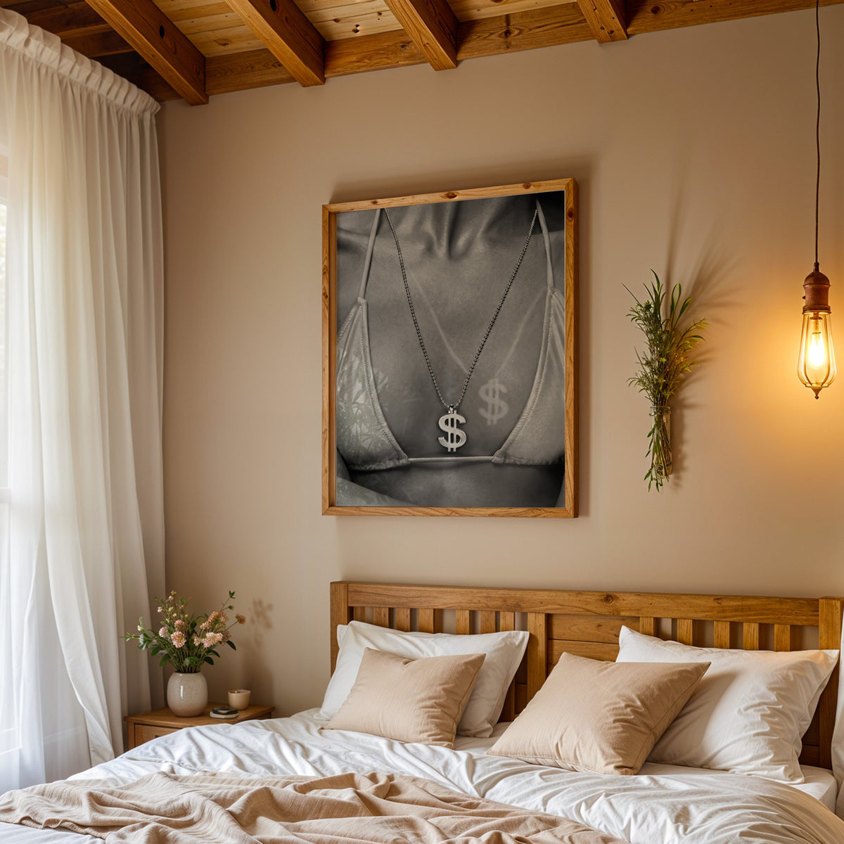 Dollar sign pendant and tan line close-up print in a pine frame above a wood headboard bed under a pendant bulb