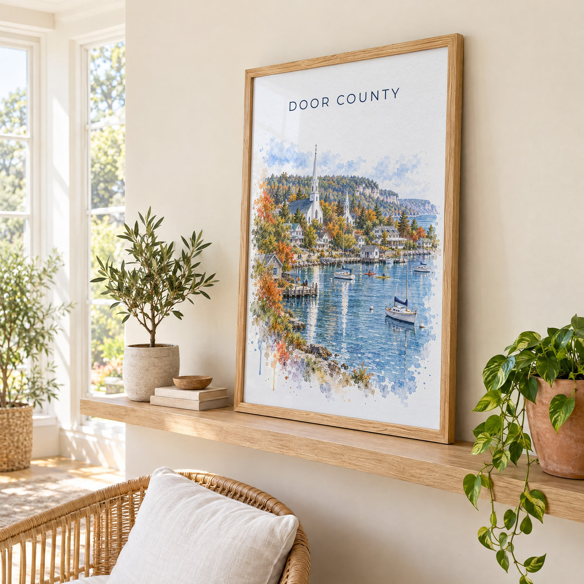 Door County watercolor print in an oak frame on a picture ledge in a sunlit sunroom