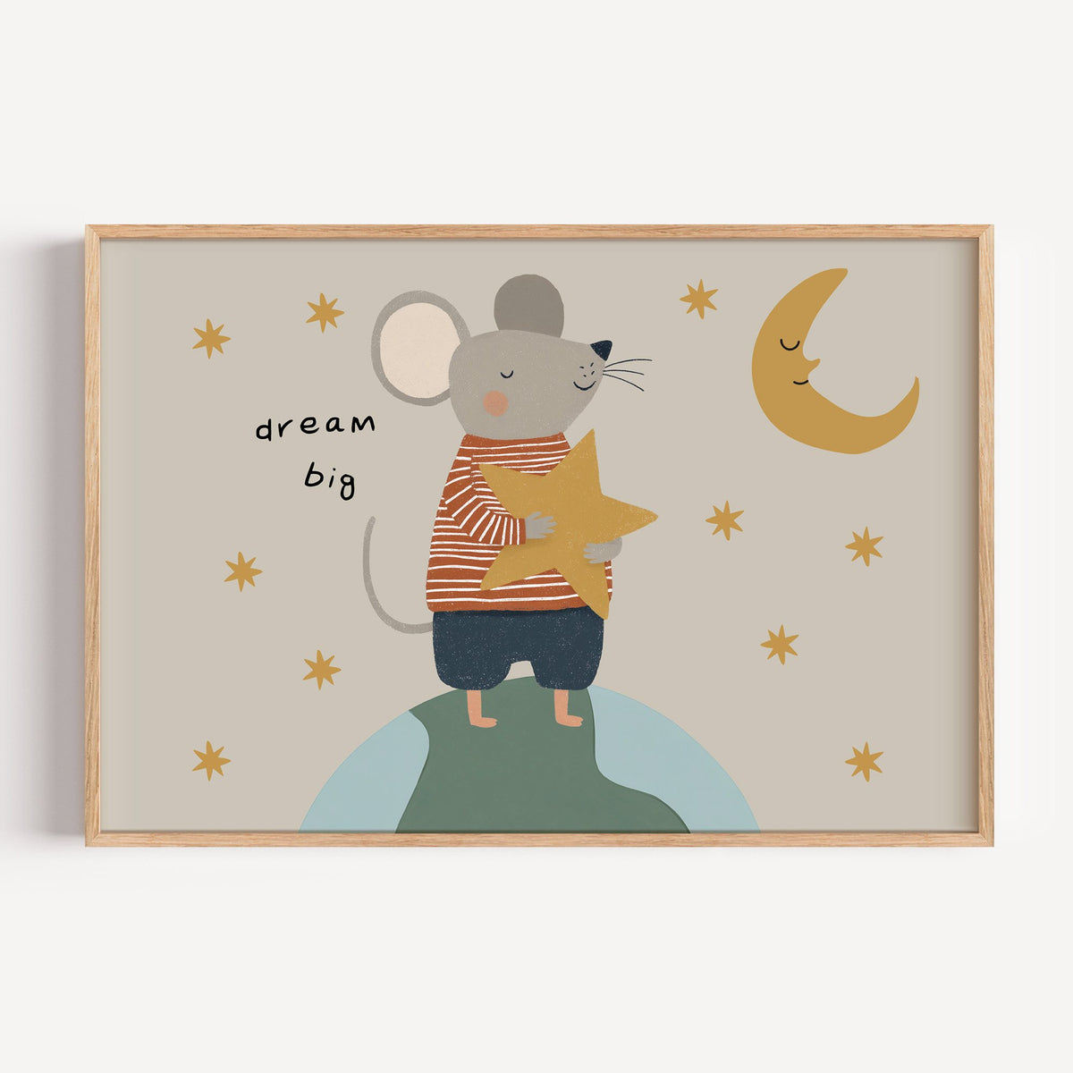 Landscape dream big mouse hugging star nursery print in a light oak frame on a plain white wall