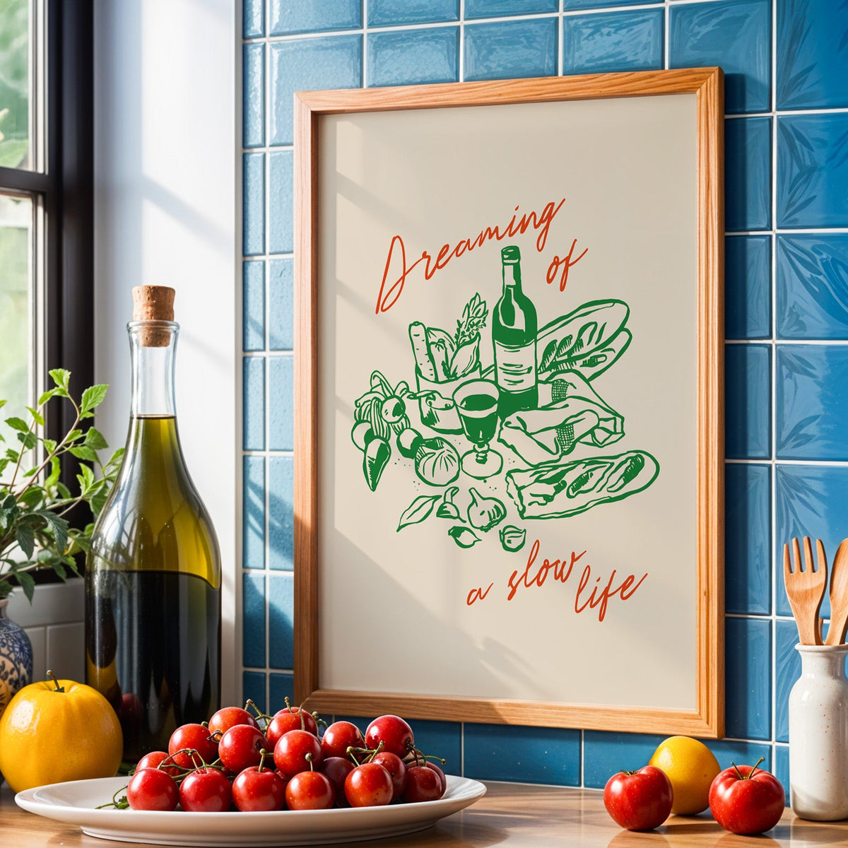 Dreaming of a Slow Life print in an oak frame against blue tiles with olive oil