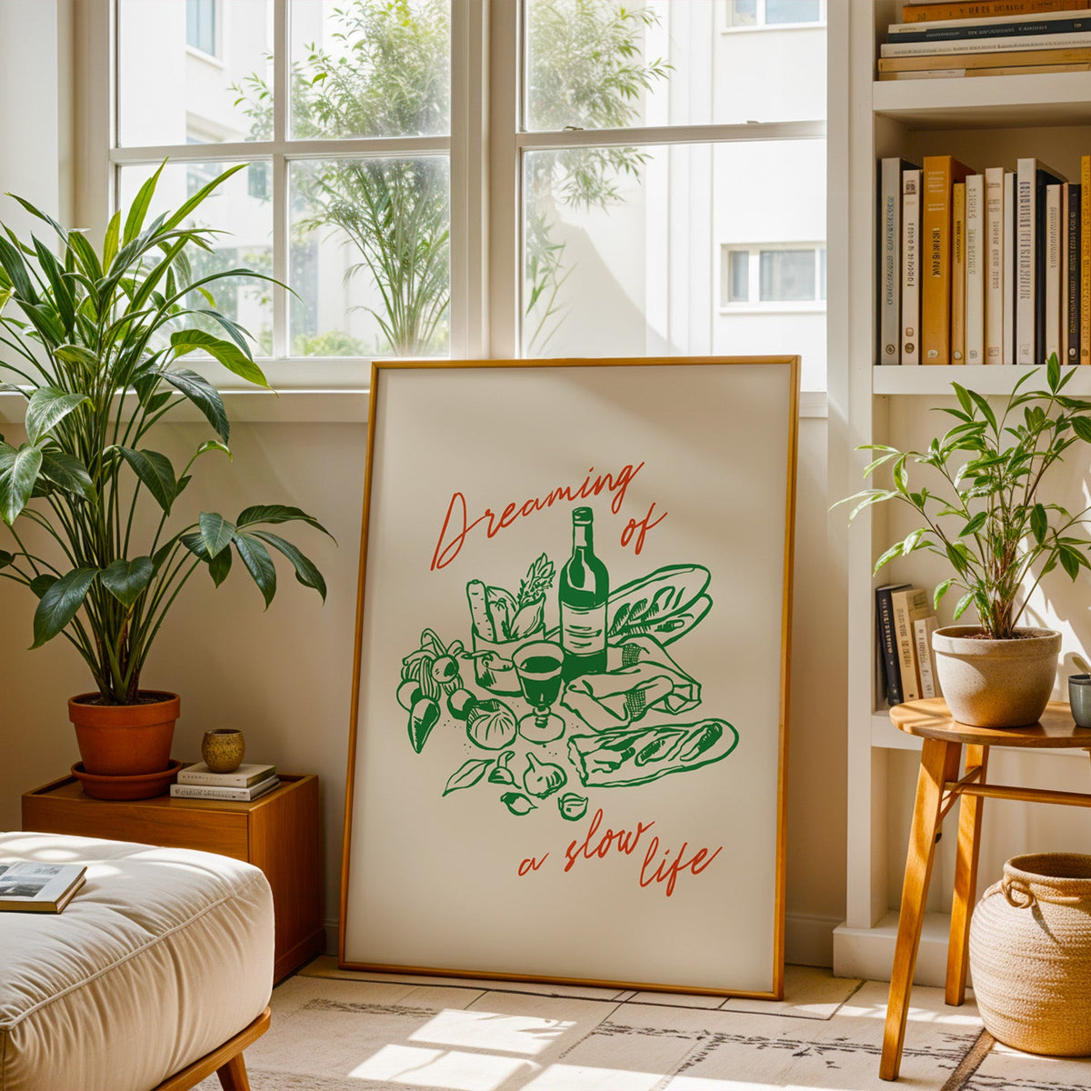 Dreaming of a Slow Life print in a brass frame resting on a berber rug