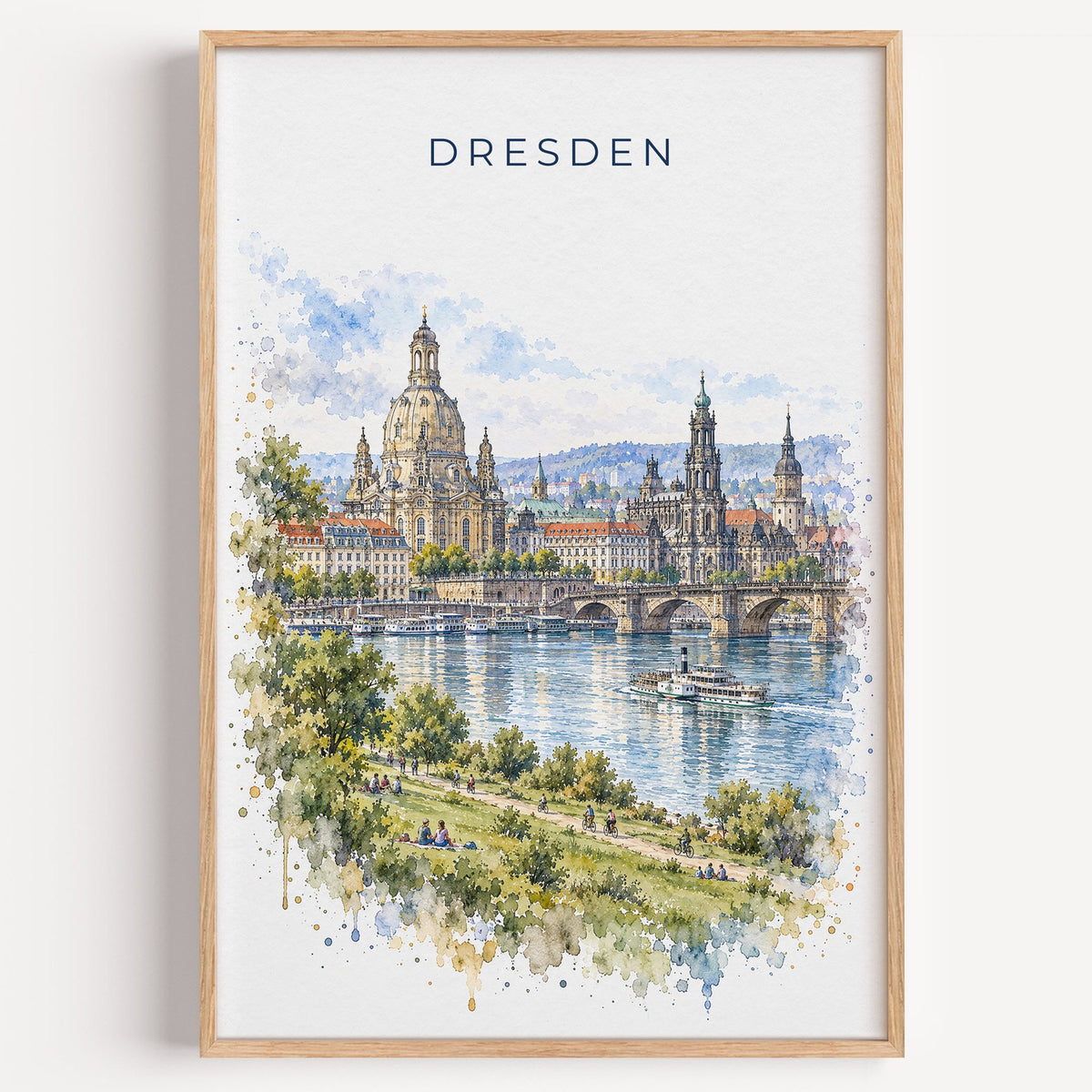 Dresden watercolor print in a light oak frame on a plain white wall