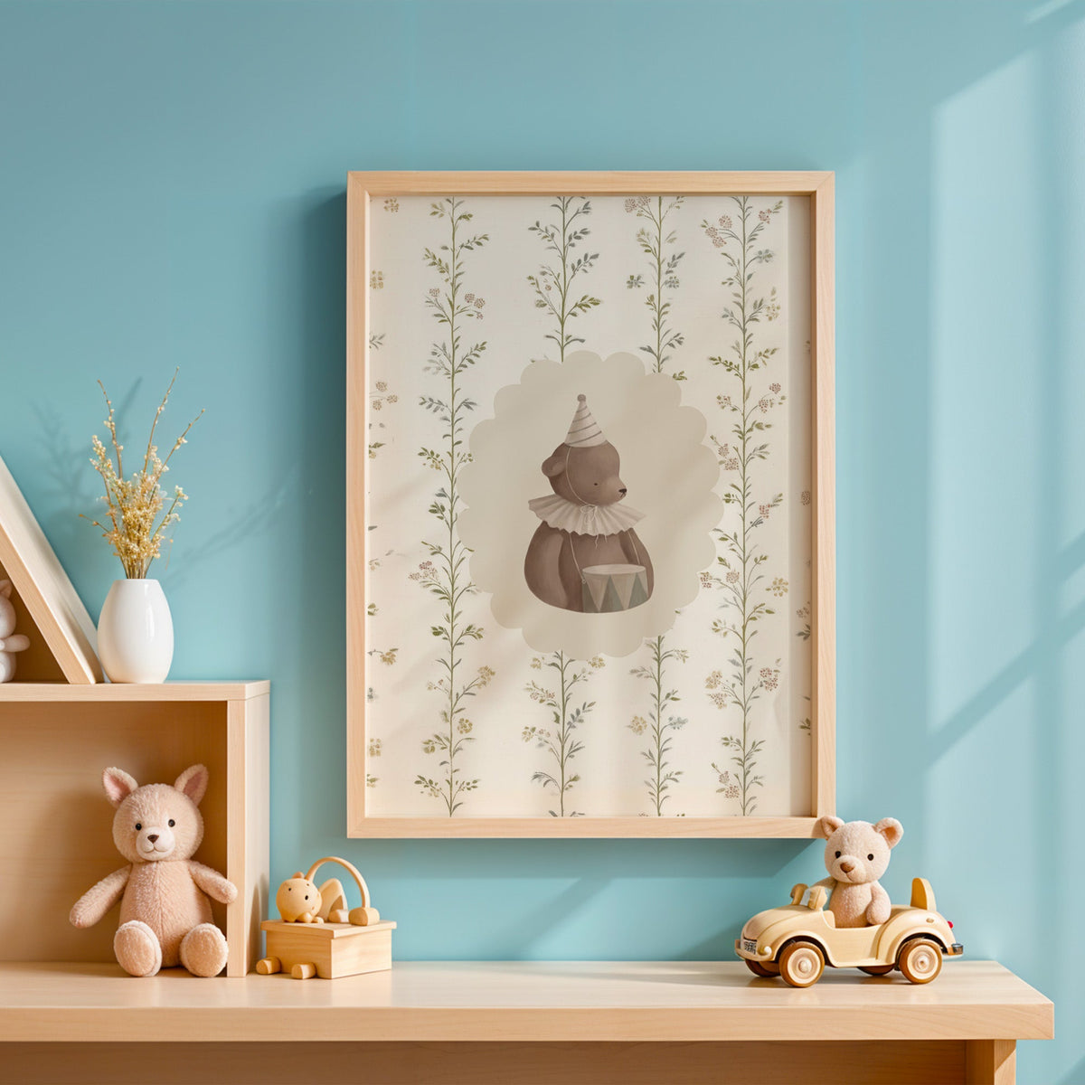 Teddy bear with a toy drum in a scalloped oval nursery print in an oak frame on a blue wall above a shelf of wooden toys