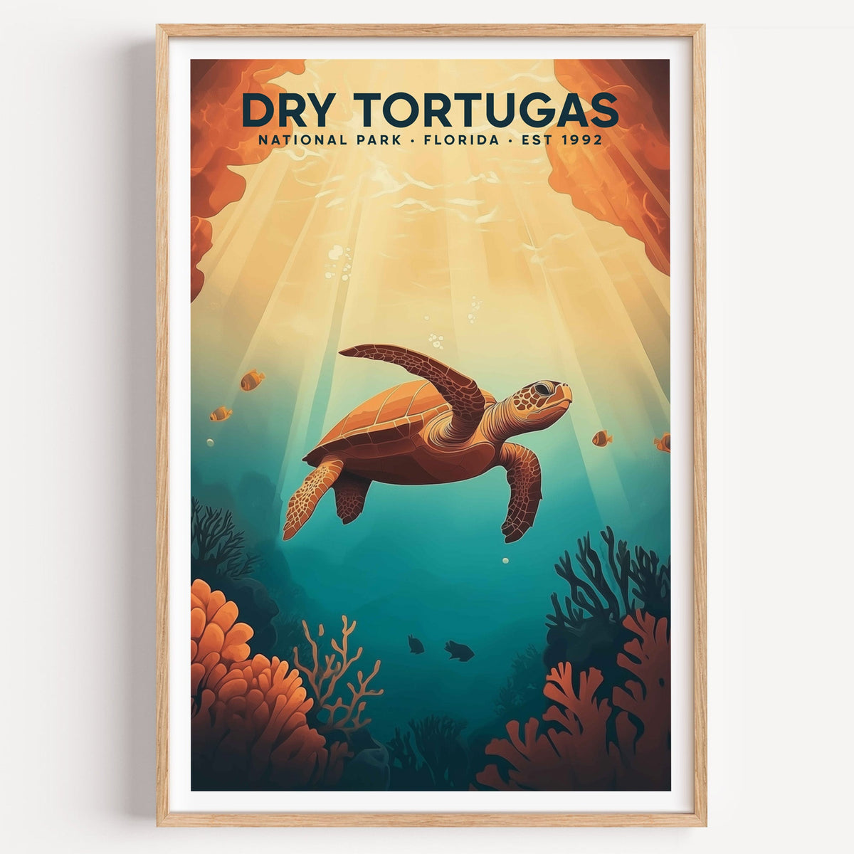Dry Tortugas National Park illustrated print: a sea turtle in sunlit water, in an oak frame