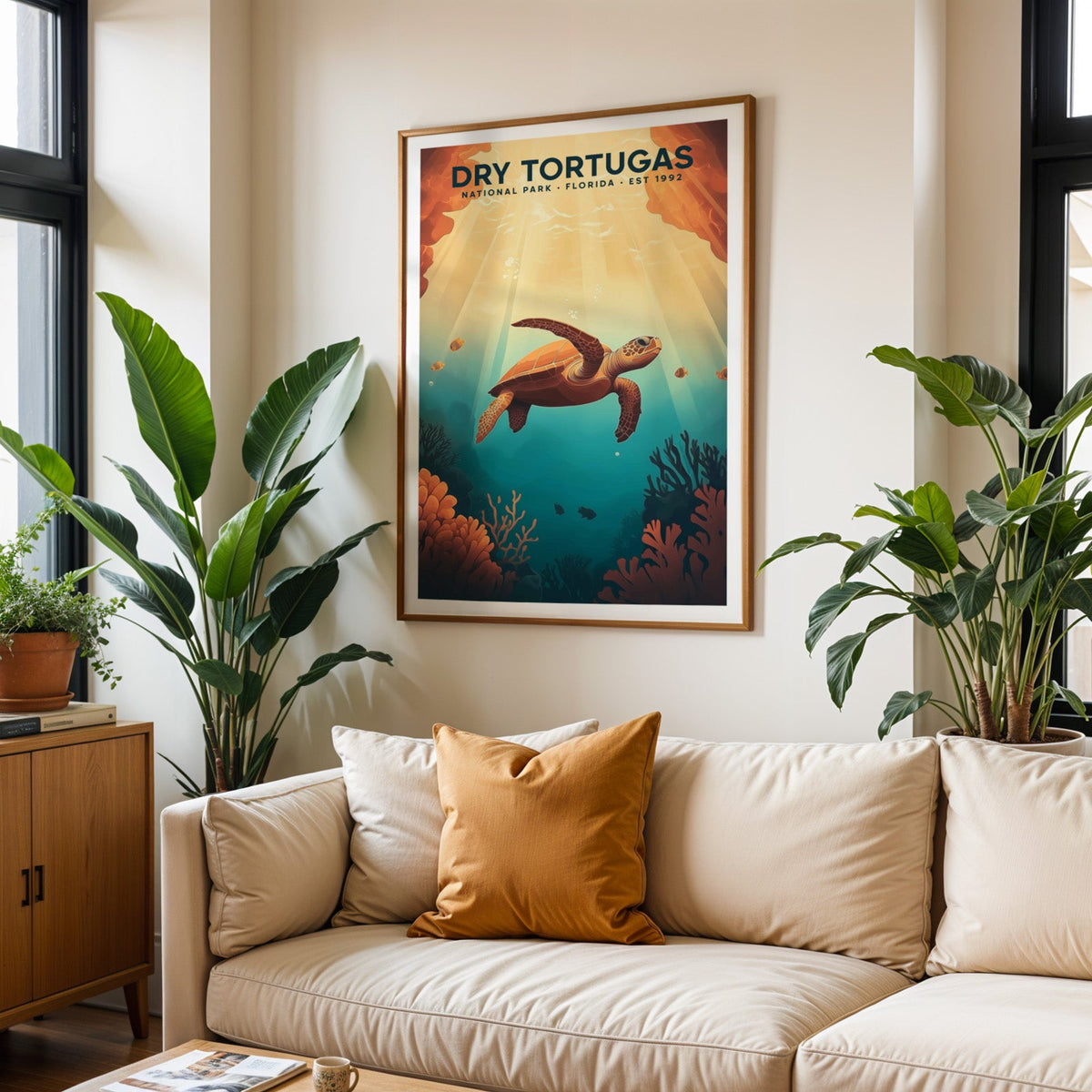Dry Tortugas National Park print in an oak frame above a cream living room sofa