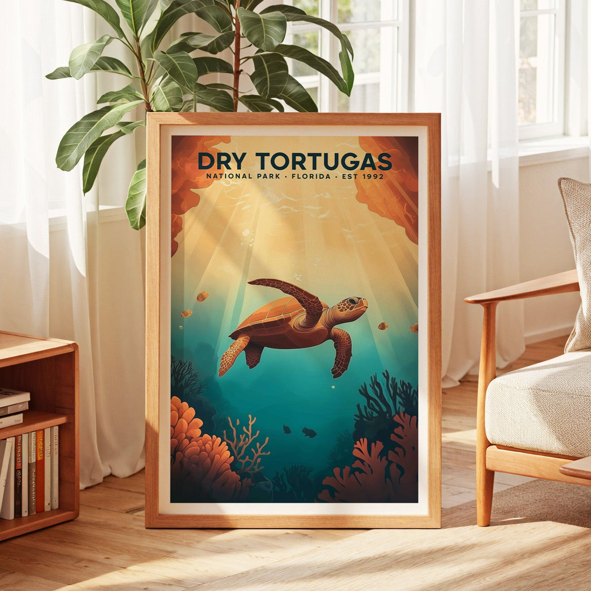 Dry Tortugas National Park print in an oak frame by a sunlit window with sheer curtains
