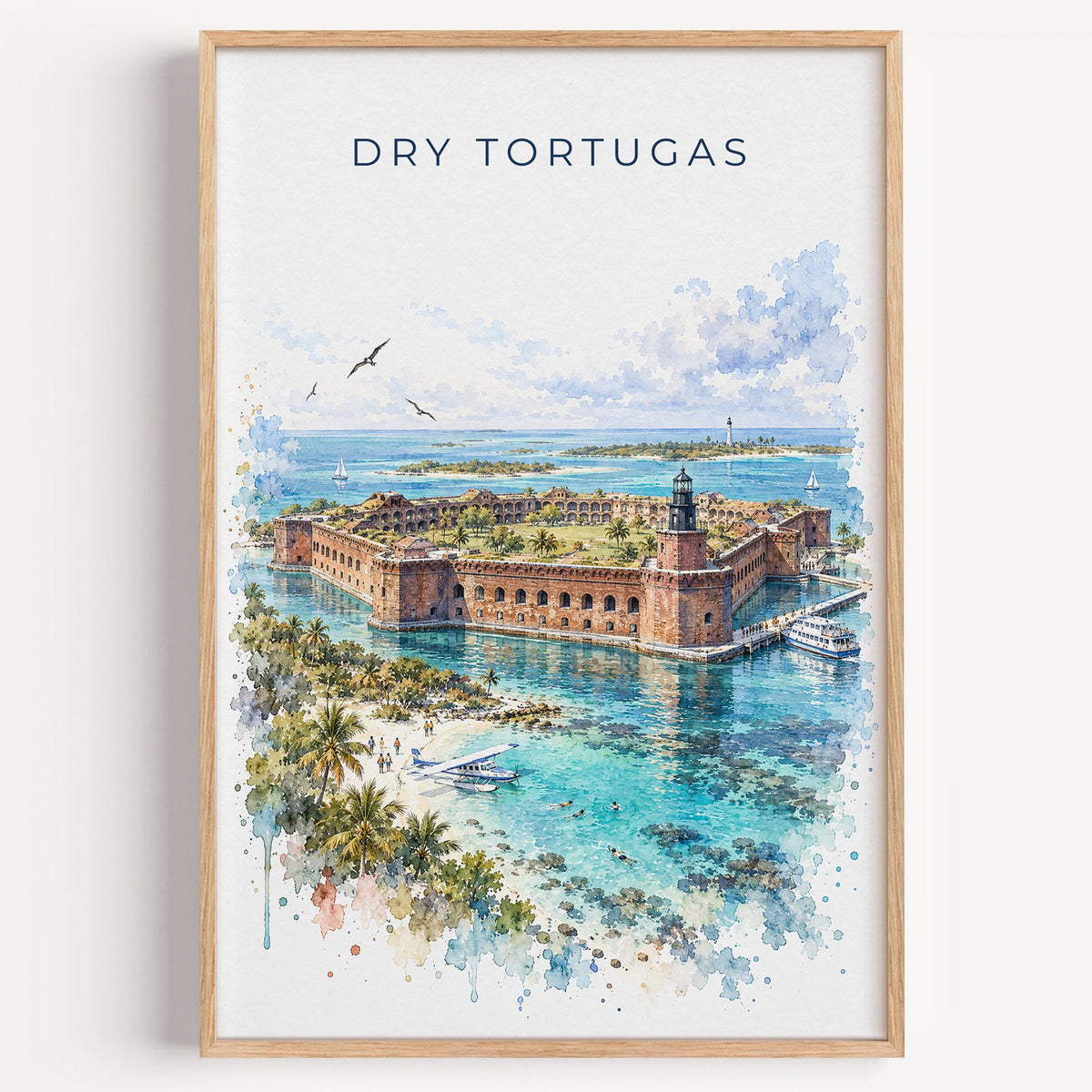 Dry Tortugas National Park watercolor print in a light oak frame on a plain white wall