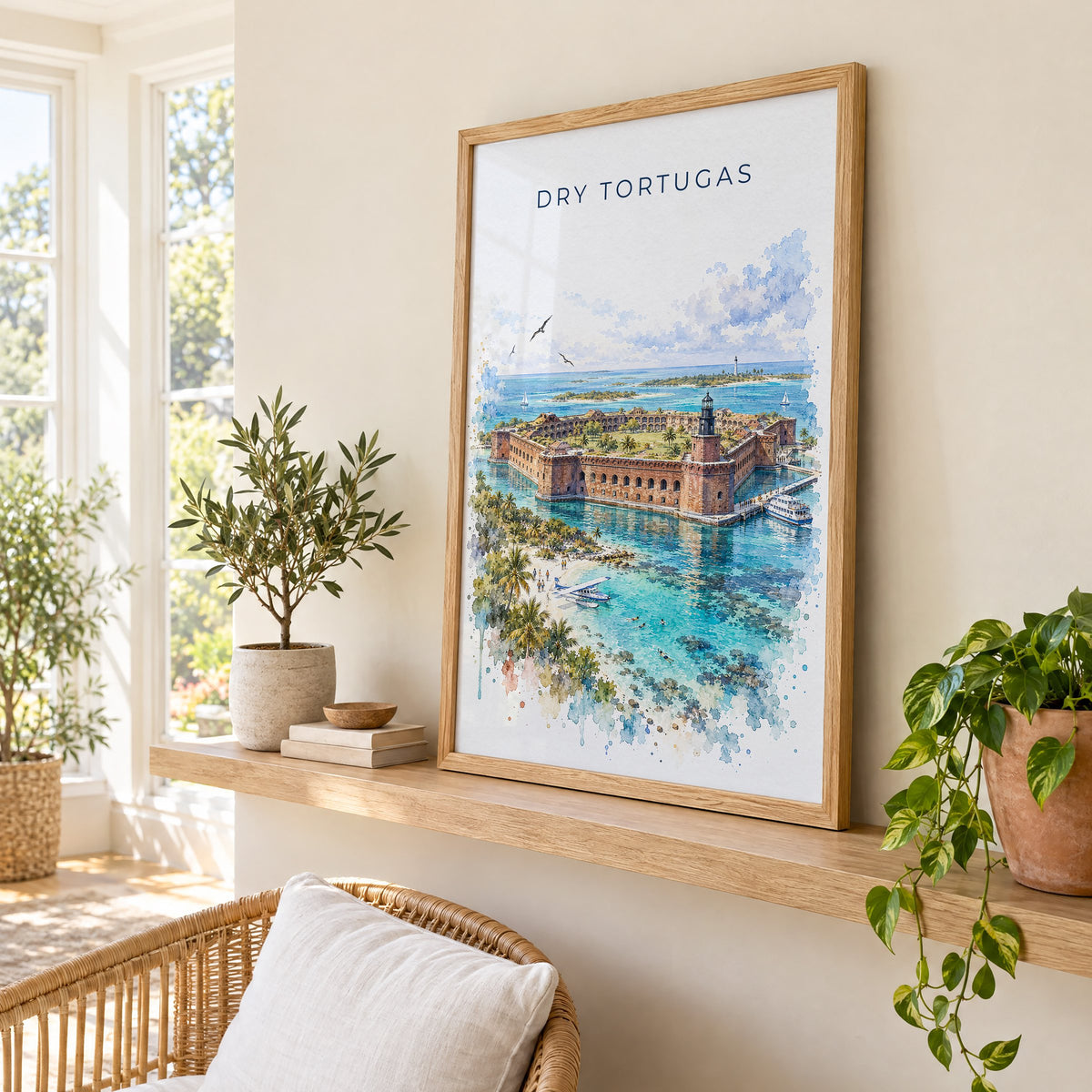 Dry Tortugas National Park watercolor print in an oak frame on a picture ledge in a sunlit sunroom
