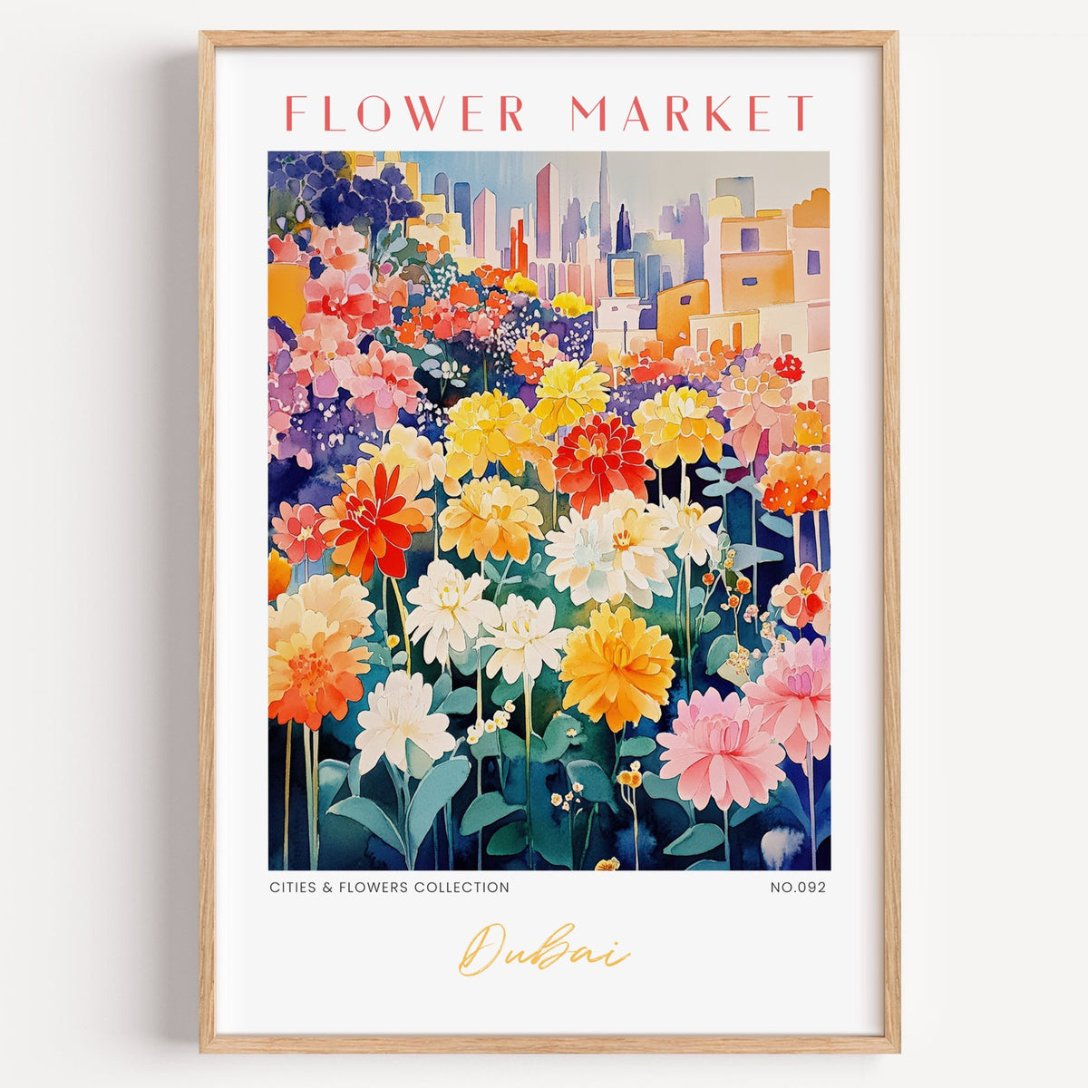 Dubai flower market print in a light oak frame on a plain white wall