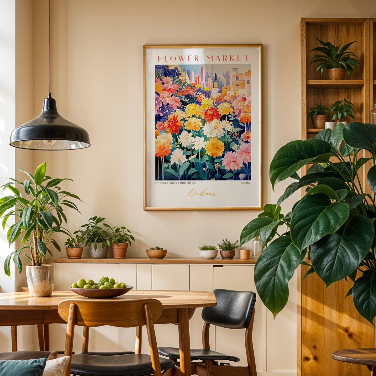 Dubai flower market print in an oak frame above a dining sideboard lined with potted plants