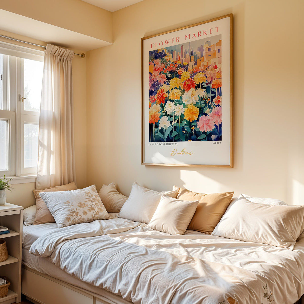 Dubai flower market print in an oak frame above a cream daybed in a sunny bedroom