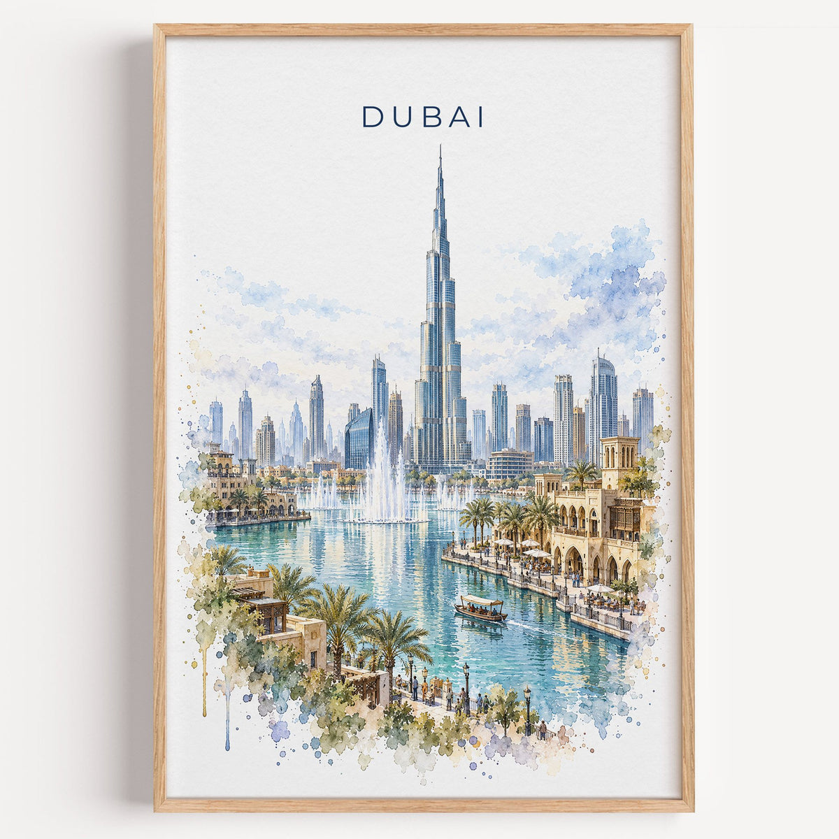 Dubai watercolor print in a light oak frame on a plain white wall