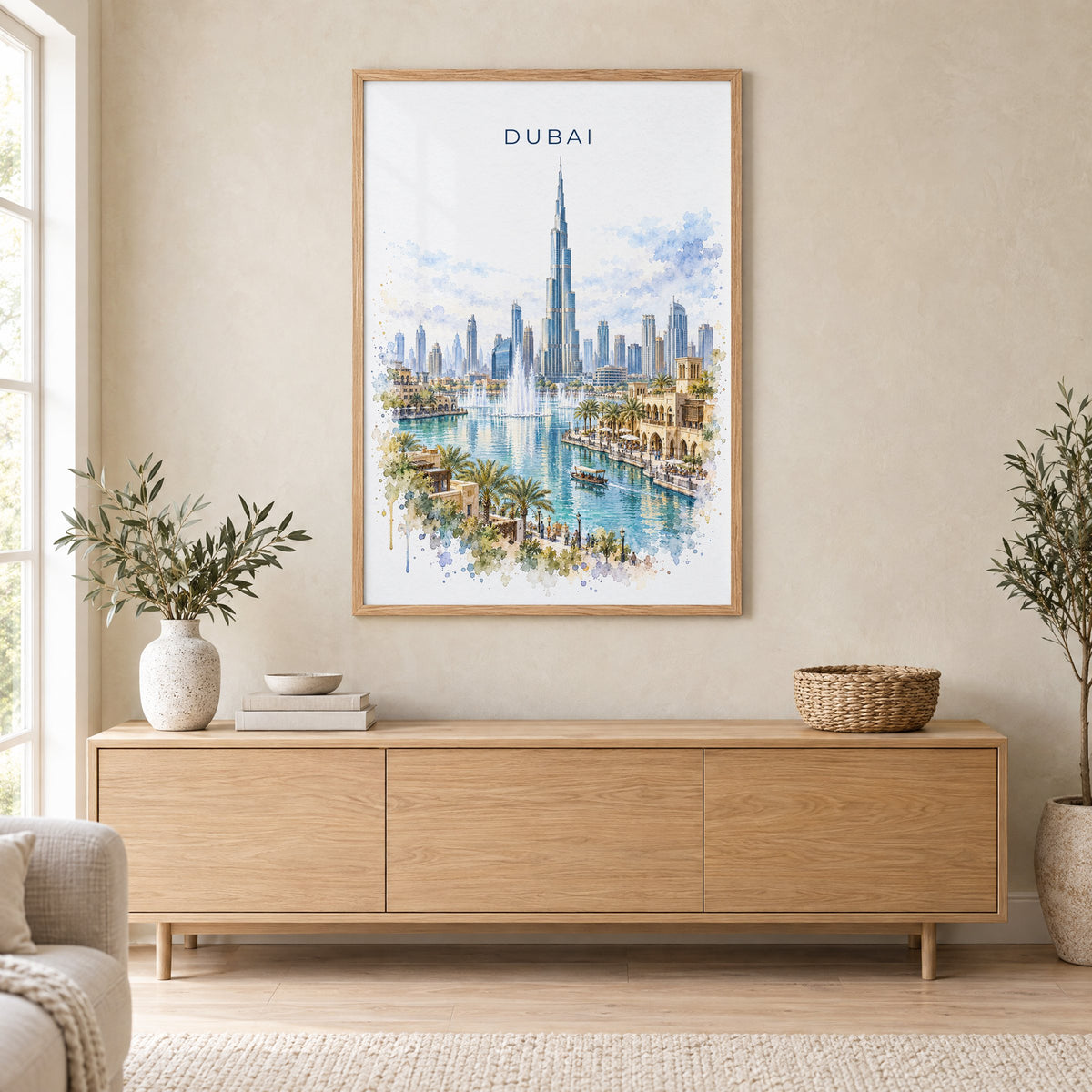 Dubai watercolor print in an oak frame above a light wood sideboard in a Scandinavian living room
