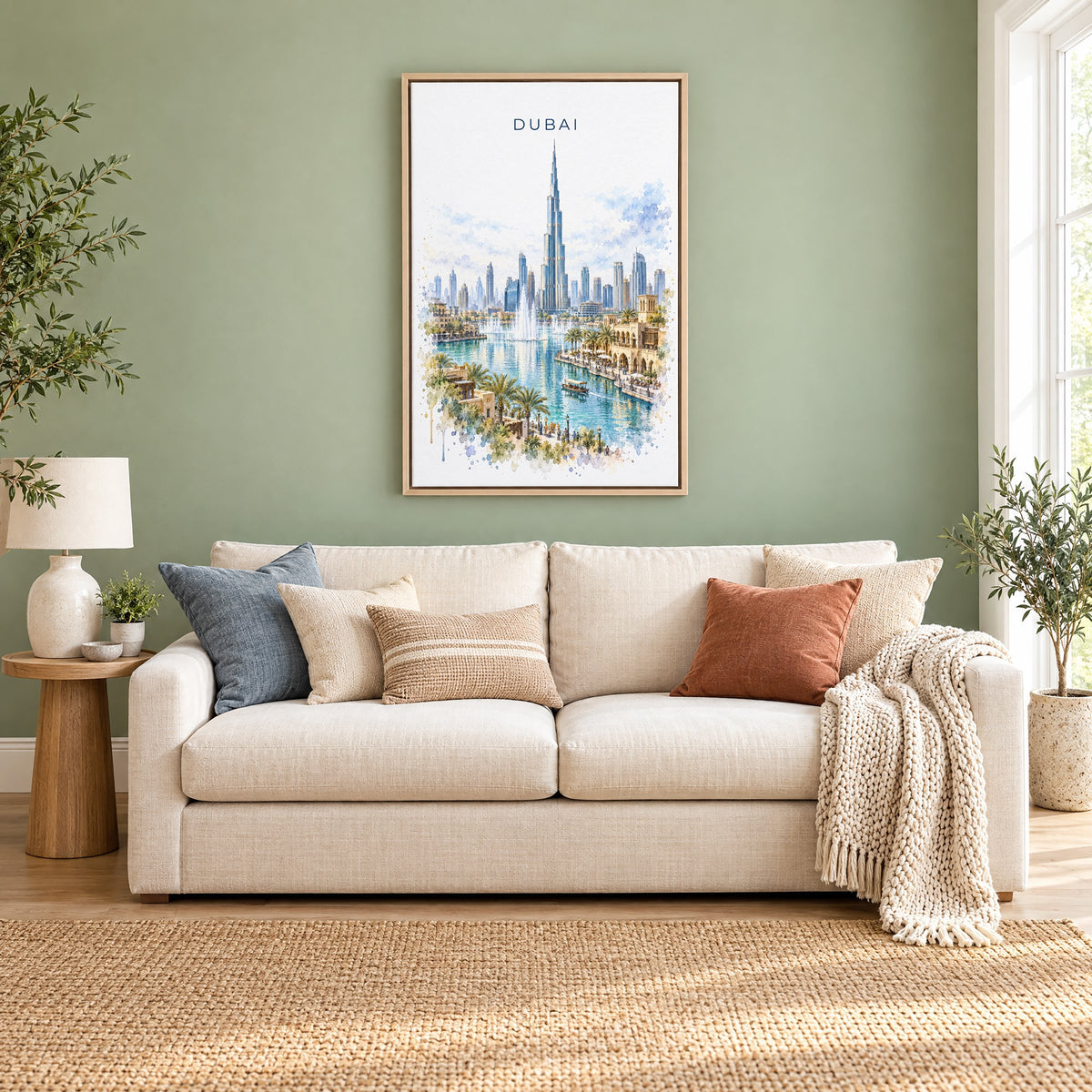 Dubai watercolor print as a natural floater canvas above a cream linen sofa on a sage green wall