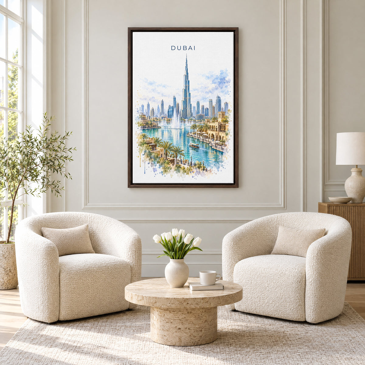 Dubai watercolor print as an espresso floater canvas above two boucle armchairs in a hotel lounge