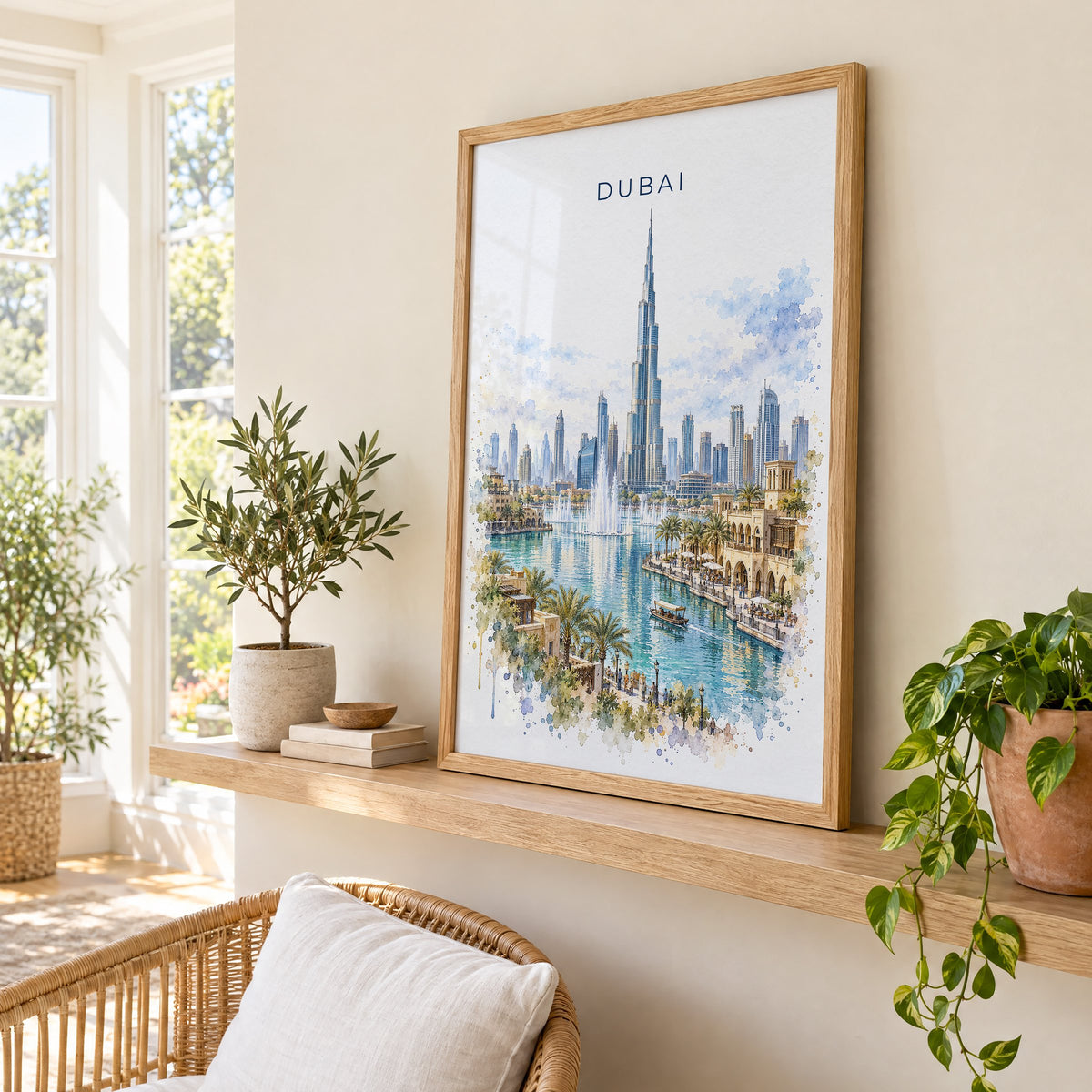 Dubai watercolor print in an oak frame on a picture ledge in a sunlit sunroom