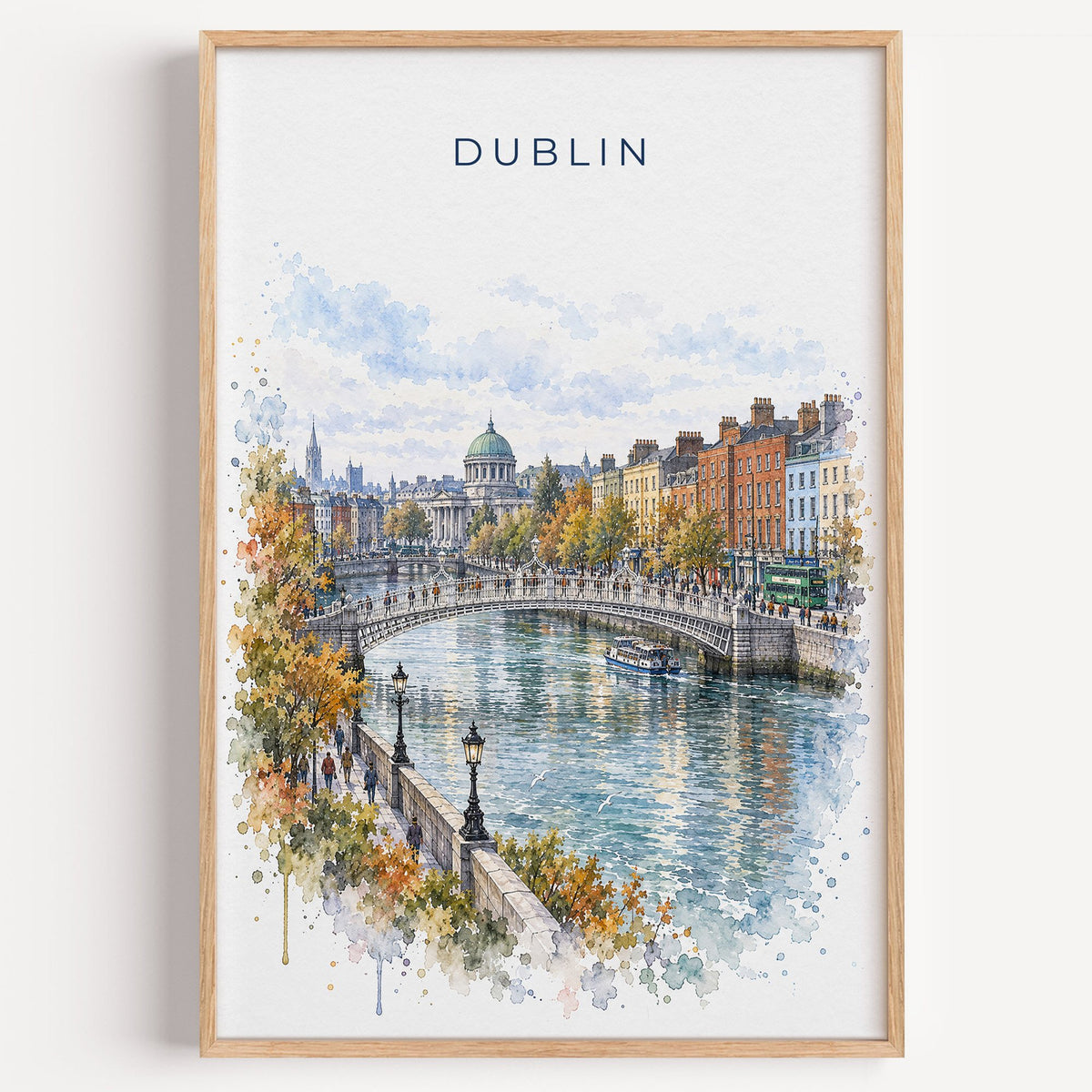 Dublin watercolor print in a light oak frame on a plain white wall
