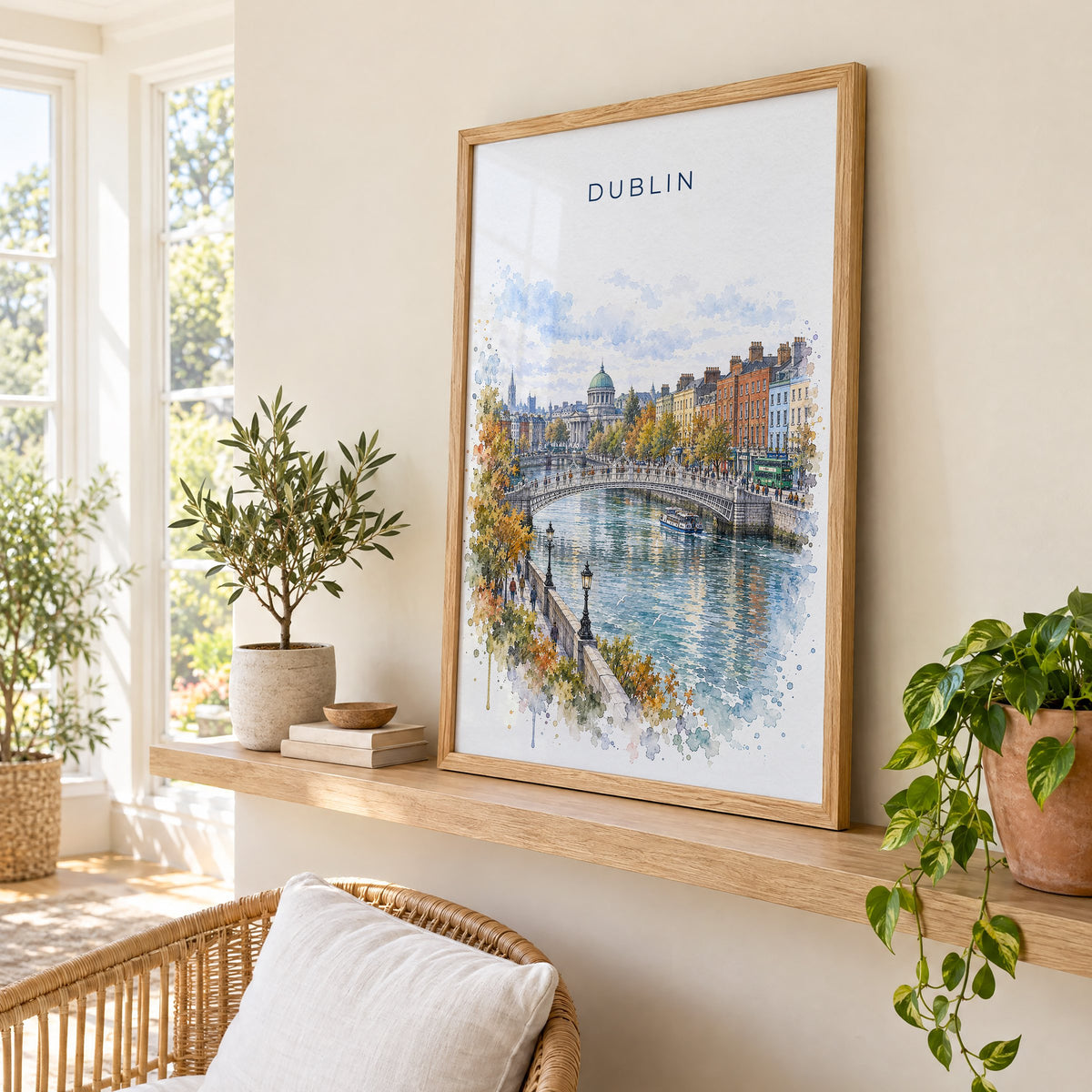 Dublin watercolor print in an oak frame on a picture ledge in a sunlit sunroom