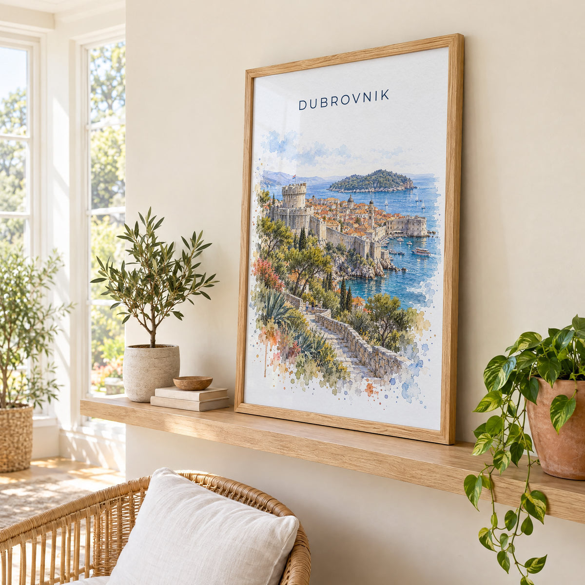 Dubrovnik watercolor print in an oak frame on a picture ledge in a sunlit sunroom