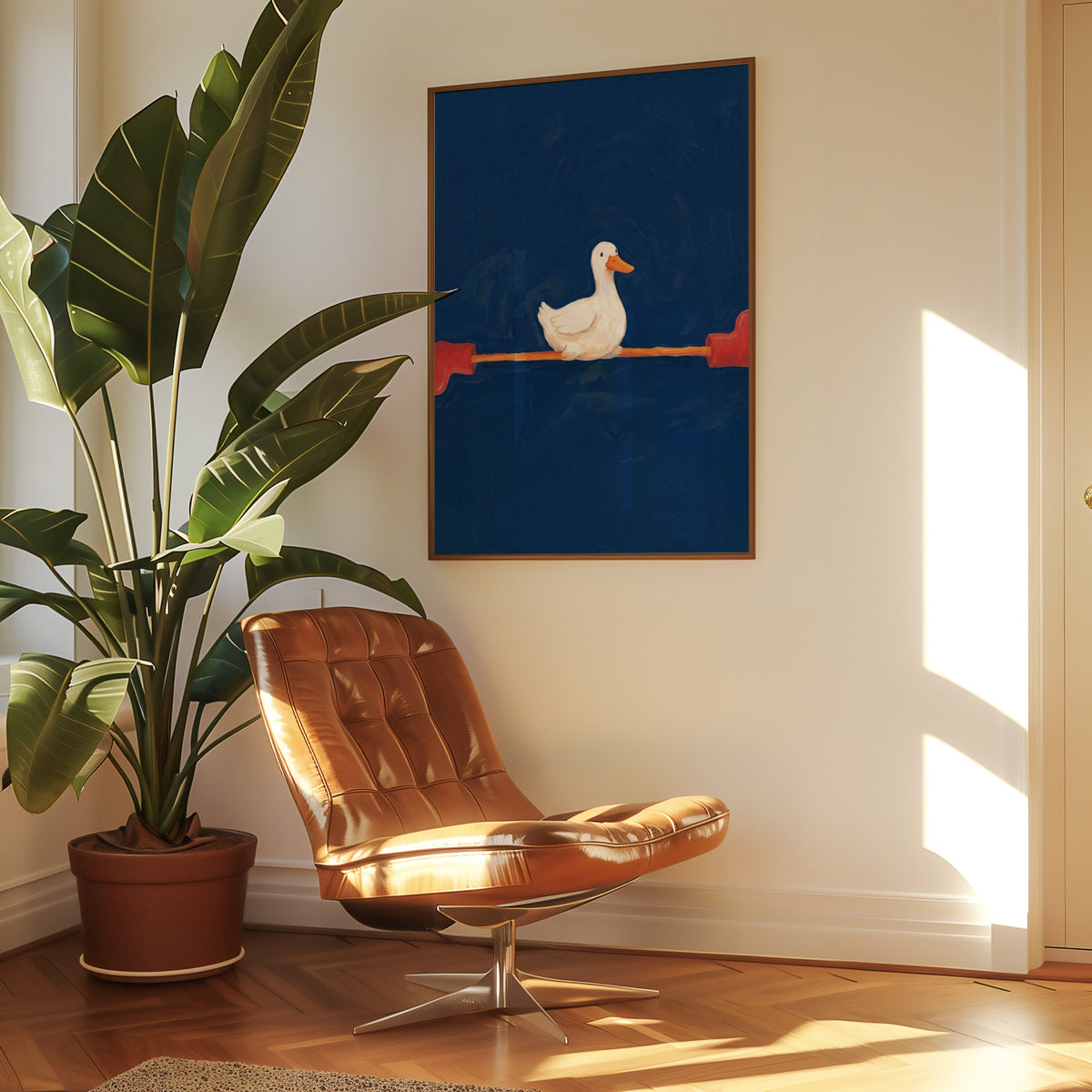 Funny duck print in a slim walnut frame above a tan leather lounge chair