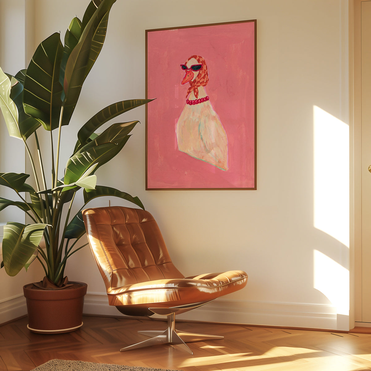 Funny duck print in a slim walnut frame above a tan leather lounge chair